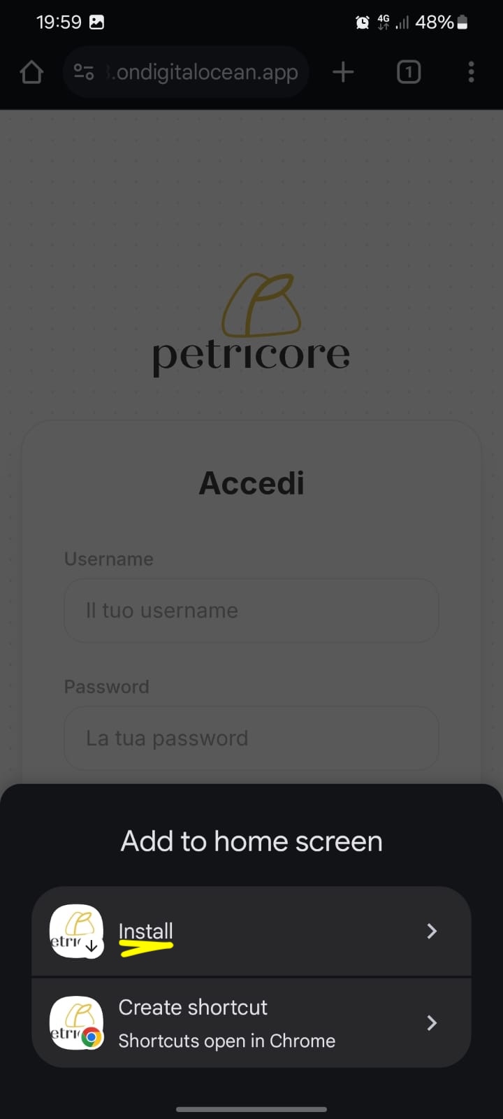 Esempio di conferma installazione applicazione